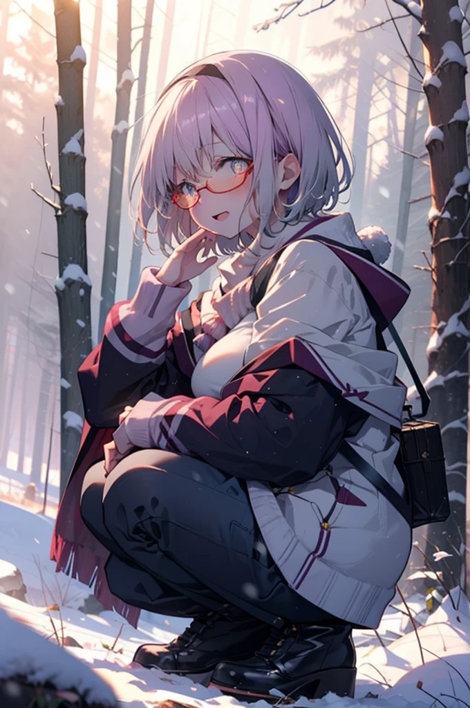 akaneshinjou, shinjou akane, Light purple hair, (Pink Eyes:1.2), short hair,Akagi Glasses,hair band,smile,blush,White Breath,Big Breasts,
Open your mouth,snow,Ground bonfire, Outdoor, boots, snowing, From the side, wood, suitcase, Cape, Blurred, having meal, forest, White handbag, nature,  Squat, Mouth closed, Cape, winter, Written boundary depth, Black shoes, red Cape break looking at viewer, Upper Body, whole body, break Outdoor, forest, nature, break (masterpiece:1.2), Highest quality, High resolution, unity 8k wallpaper, (shape:0.8), (Beautiful and beautiful eyes:1.6), Highly detailed face, Perfect lighting, Highly detailed CG, (Perfect hands, Perfect Anatomy),