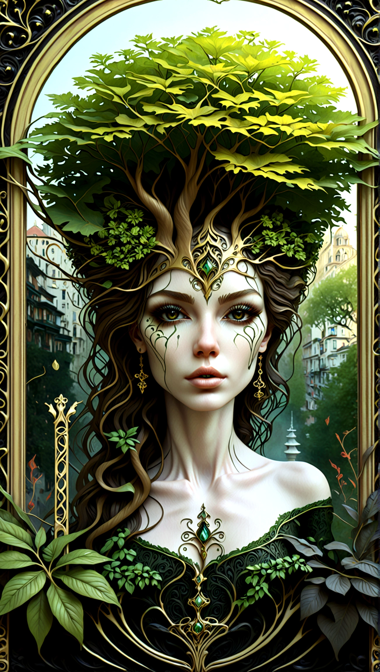 a beautiful portrait of a woman with the tree of life growing from her head in an abstract marble texture with a tarot style frame, with colors of obsidian black, shiny gold, and emerald green, highly detailed, intricate design, BY Anne Bachelier,