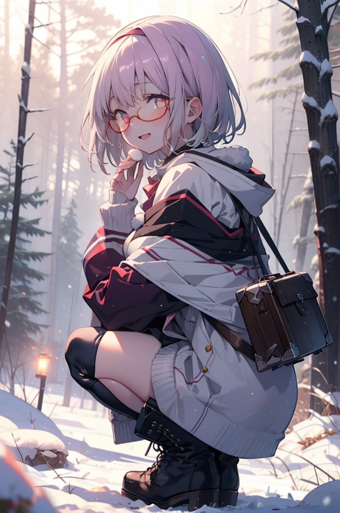 akaneshinjou, shinjou akane, Light purple hair, (Pink Eyes:1.2), short hair,Akagi Glasses,hair band,smile,blush,White Breath,Big Breasts,
Open your mouth,snow,Ground bonfire, Outdoor, boots, snowing, From the side, wood, suitcase, Cape, Blurred, having meal, forest, White handbag, nature,  Squat, Mouth closed, Cape, winter, Written boundary depth, Black shoes, red Cape break looking at viewer, Upper Body, whole body, break Outdoor, forest, nature, break (masterpiece:1.2), Highest quality, High resolution, unity 8k wallpaper, (shape:0.8), (Beautiful and beautiful eyes:1.6), Highly detailed face, Perfect lighting, Highly detailed CG, (Perfect hands, Perfect Anatomy),