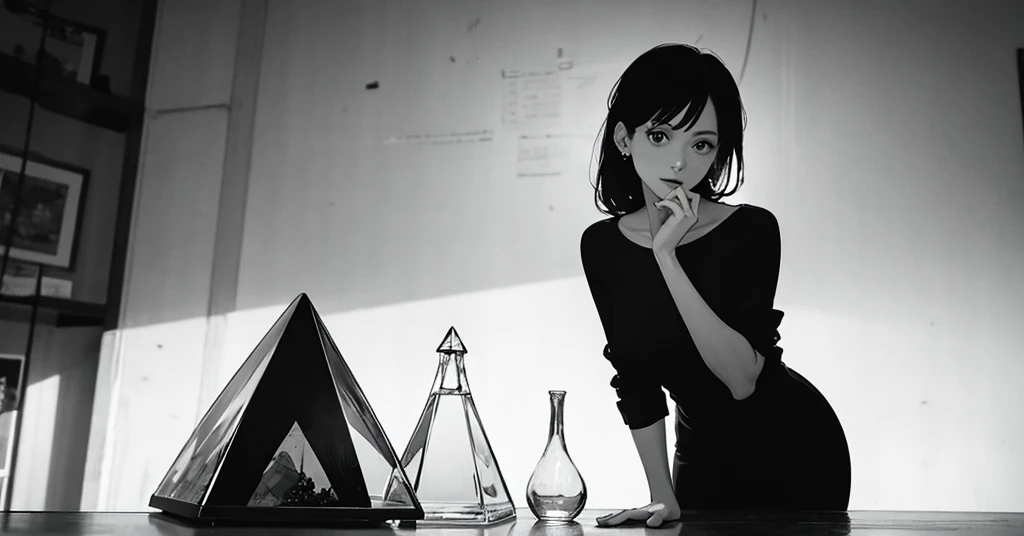 masterpiece, best quality, perfect anatomy, a young female architect, leaning her chin on both her hands, a  glass pyramid figure on the desk, fujimotostyle, Monochromatic