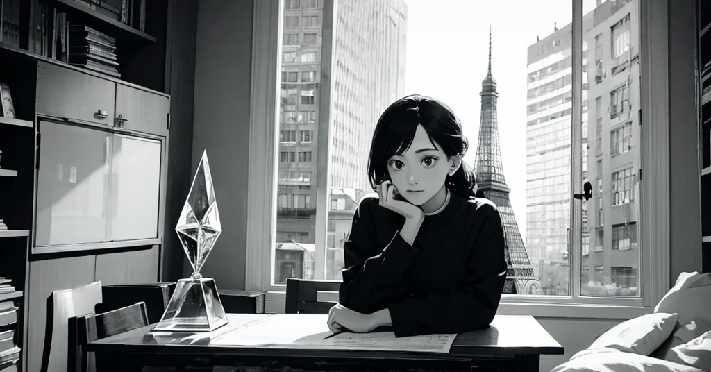 masterpiece, best quality, perfect anatomy, a young female architect, leaning her chin on both her hands, a  glass pyramid figure on the desk, fujimotostyle, Monochromatic