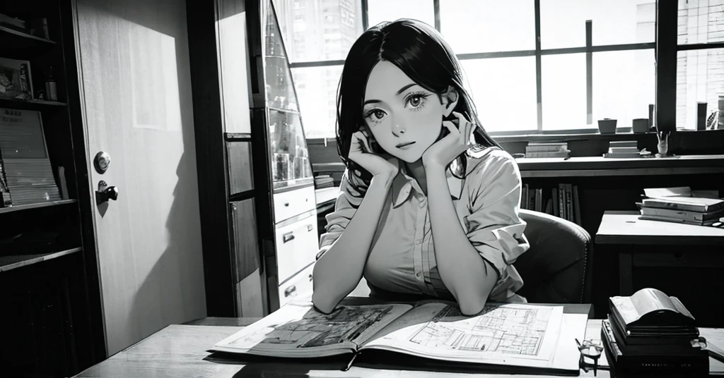 masterpiece, best quality, perfect anatomy, a young female architect, leaning her chin on both her hands, a  glass pyramid figure on the desk, fujimotostyle, Monochromatic