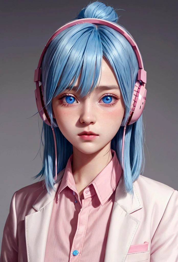 fille porte une chemise rose et une veste blanche ,portrait ,Haute qualité , porter un casque lapin, yeux bleus , Visage rougissant ,Cheveux bleus , coupe de cheveux sauvage