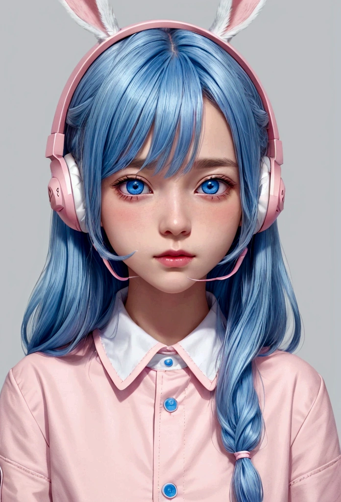 fille porte une chemise rose et une veste blanche ,portrait ,Haute qualité , porter un casque lapin, yeux bleus , Visage rougissant ,Cheveux bleus , coupe de cheveux sauvage