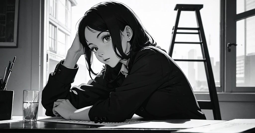 masterpiece, best quality, perfect anatomy, a young female architect, leaning her chin on both her hands, a  glass pyramid figure on the desk, fujimotostyle, Monochromatic