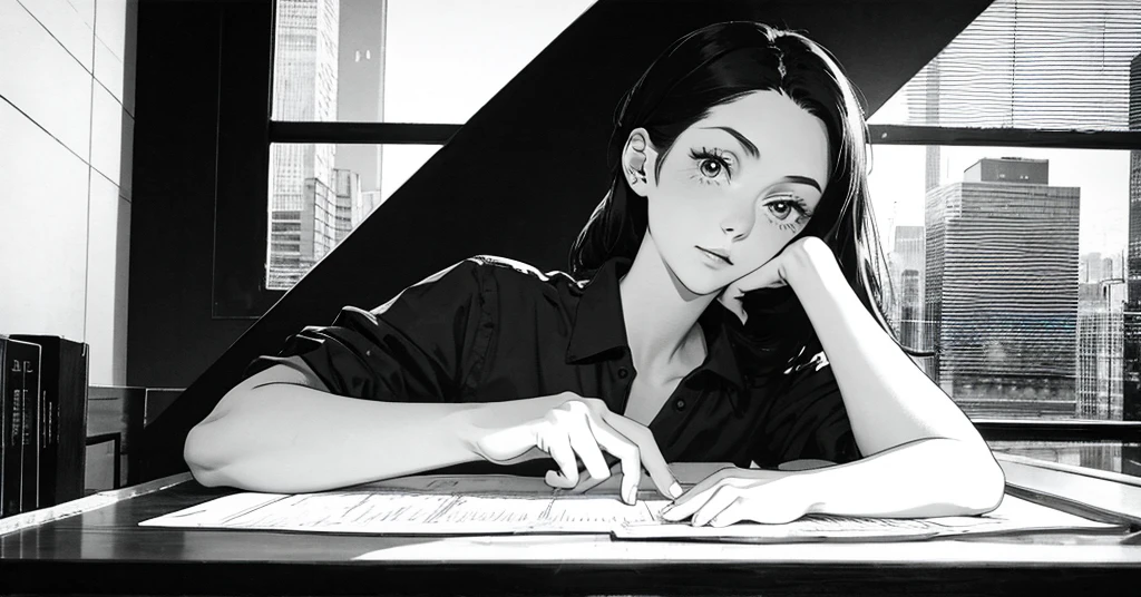 masterpiece, best quality, perfect anatomy, a young female architect, leaning her chin on both her hands, a  glass pyramid figure on the desk, fujimotostyle, Monochromatic