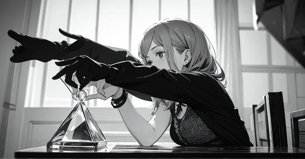 masterpiece, best quality, perfect anatomy, a young female architect, leaning her chin on both her hands, a  glass pyramid figure on the desk, fujimotostyle, Monochromatic