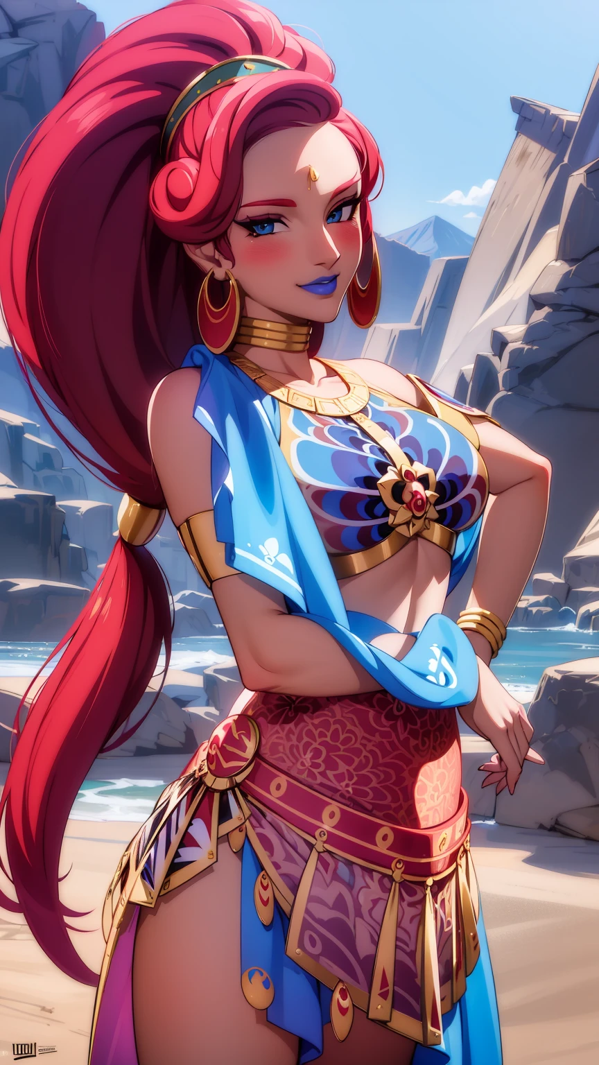 best quality, high resolution, large breasts, red hair, blush, smile, cowboy shot, looking at viewer, Urbosa, blue lip,