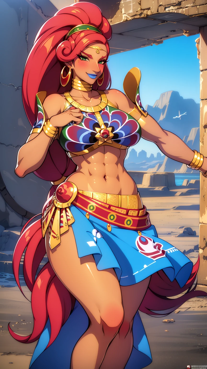 best quality, high resolution, large breasts, red hair, blush, smile, cowboy shot, looking at viewer, Urbosa, blue lip,