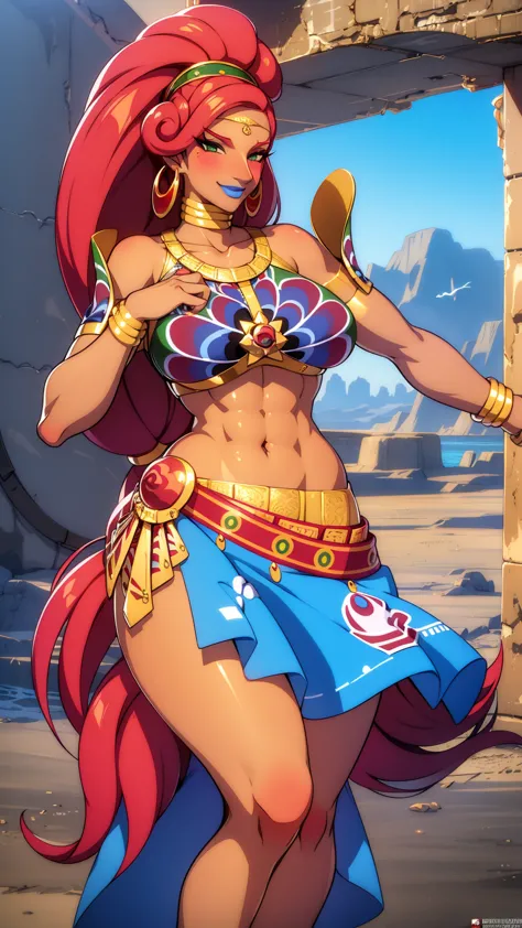 best quality, high resolution, large breasts, red hair, blush, smile, cowboy shot, looking at viewer, urbosa, blue lip,