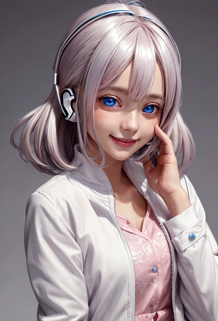 girl wear pink shirt and white jacket ,portrait ,high quality , wear rabbit headset, blue eyes , blushing face ,yellow &silver mix hair , wild haircut ,cute smile