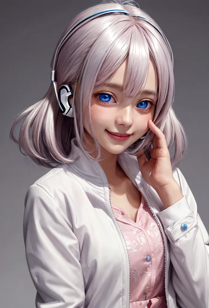 girl wear pink shirt and white jacket ,portrait ,high quality , wear rabbit headset, blue eyes , blushing face ,yellow &silver m...