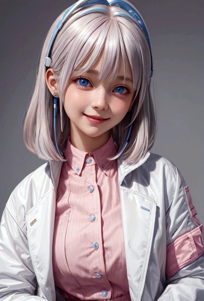 girl wear pink shirt and white jacket ,portrait ,high quality , wear rabbit headset, blue eyes , blushing face ,yellow &silver mix hair , wild haircut ,cute smile