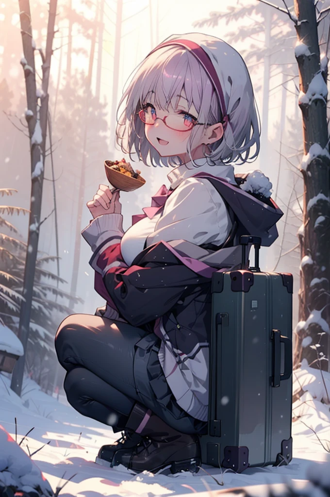 akaneshinjou, shinjou akane, Light purple hair, (Pink Eyes:1.2), short hair,Akagi Glasses,hair band,smile,blush,White Breath,Big Breasts,
Open your mouth,snow,Ground bonfire, Outdoor, boots, snowing, From the side, wood, suitcase, Cape, Blurred, having meal, forest, White handbag, nature,  Squat, Mouth closed, Cape, winter, Written boundary depth, Black shoes, red Cape break looking at viewer, Upper Body, whole body, break Outdoor, forest, nature, break (masterpiece:1.2), Highest quality, High resolution, unity 8k wallpaper, (shape:0.8), (Beautiful and beautiful eyes:1.6), Highly detailed face, Perfect lighting, Highly detailed CG, (Perfect hands, Perfect Anatomy),