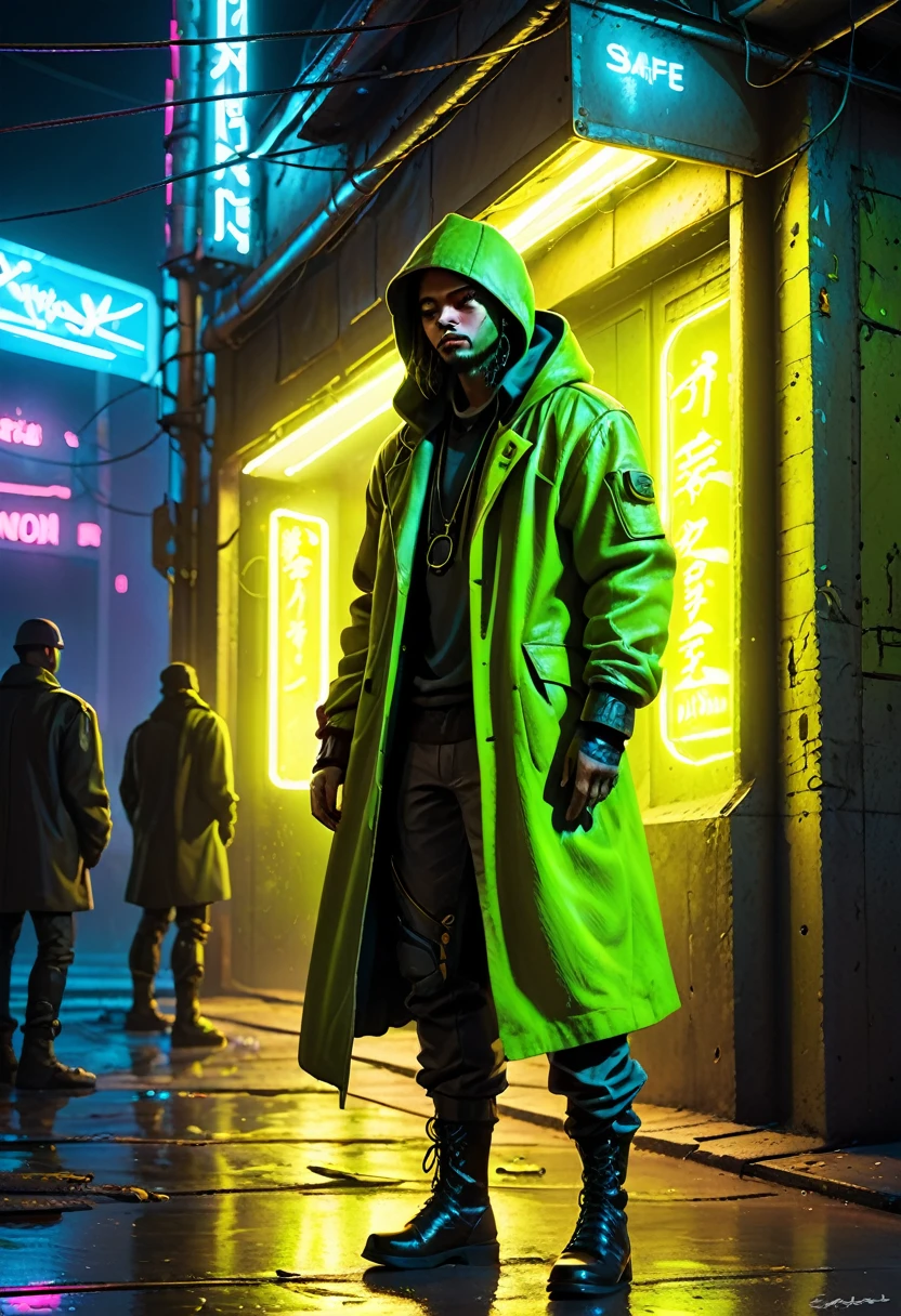 A medium quality digital illustration of a [Chartreuse vagabond] named "Safe From Harm" finding themselves [out of luck] in a scene reminiscent of "Battle Without Honor Or Humanity". Urban setting, cyberpunk aesthetics, dynamic composition, dramatic lighting, futuristic style, detailed character design, intense atmosphere, neon lights, medium close-up.