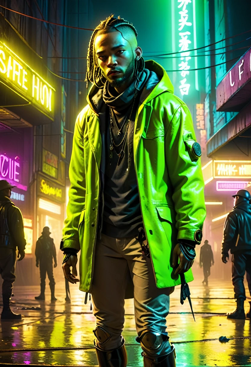 A medium quality digital illustration of a [Chartreuse vagabond] named "Safe From Harm" finding themselves [out of luck] in a scene reminiscent of "Battle Without Honor Or Humanity". Urban setting, cyberpunk aesthetics, dynamic composition, dramatic lighting, futuristic style, detailed character design, intense atmosphere, neon lights, medium close-up.