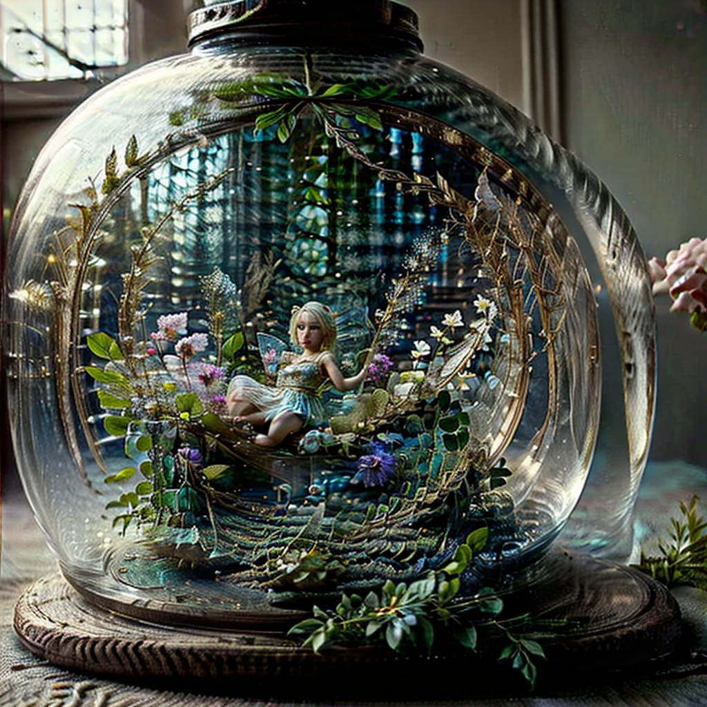 a little 仙女 trapped in a glass jar. 带树叶的服装. 白色的头发. 金发女郎, 蓝眼睛, 仙女. 微小的. little 仙女 inside a glass jar.
