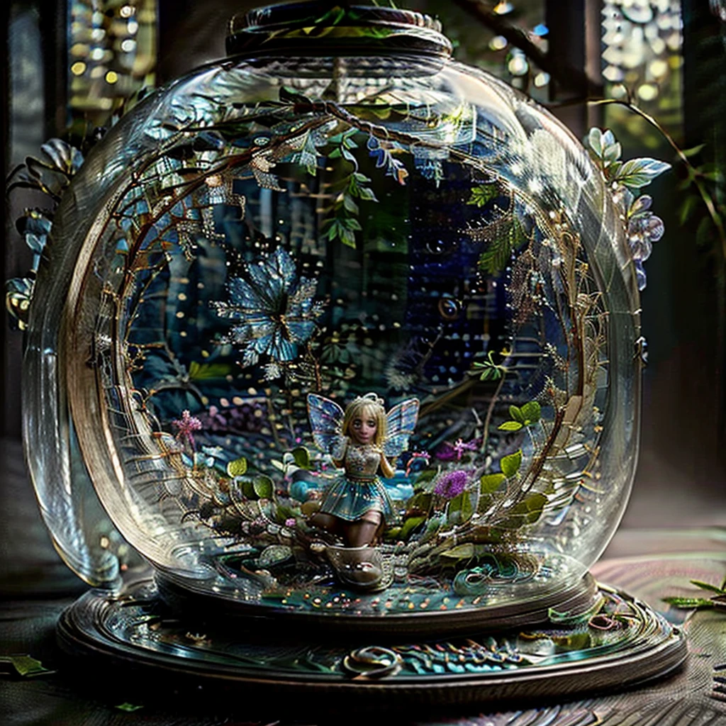 a little นางฟ้า trapped in a glass jar. แต่งกายด้วยใบไม้. ผมขาว. สีบลอนด์, ดวงตาสีฟ้า, นางฟ้า. ขนาดเล็ก. little นางฟ้า inside a glass jar.