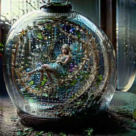 a little fairy trapped in a glass jar. outfit with leaves. White hair. blonde, blue eyes, fairy. tiny. little fairy inside a gla...