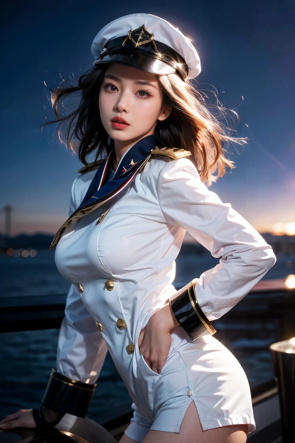 (8k, 4k, best quality, highres, ultra high res:1.1), (masterpiece, realistic, photo-realistic:1.1), 1girl, a young woman, an Asian woman, an elite female captain who is dignified and exudes an aura of leadership, black straight hair, wearing a white military uniform with gold and blue accents, white shorts, wearing a dashing captain's hat, sharp gaze, (looking at viewers) 