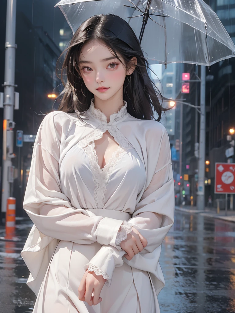 ((best quality, 8K, masterpiece: 1.3)),upper body,Black Hair, black eye,sharp focus: 1.2, beautiful woman with a perfect body: 1.4, ((ポニーテール, large: 1.2)), (small and beautiful hard (White long sleeve blouse with lace、Silk Tight darkmagenta long skirt), (wet from rain: 1.2), (rain, street: 1.2), wet body: 1.1, Highly detailed face and skin texture, detailed eyes, double eyelids, White skin,,E cup,smile,Financial district of the big city,Skyscraper,White skin,Wet Hair、Wet Skin、Wet clothes、smile、 