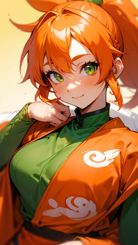 1 Girl、8K、Sharp focus、(Bokeh) (Highest quality) (Detailed skin:1.3) (Intricate details) (anime)、Orange clothes、Orange Hair、ponytail、Beautiful green eyes、Wicked Smile、Loincloth、Shrimp mascot、Upper body close-up