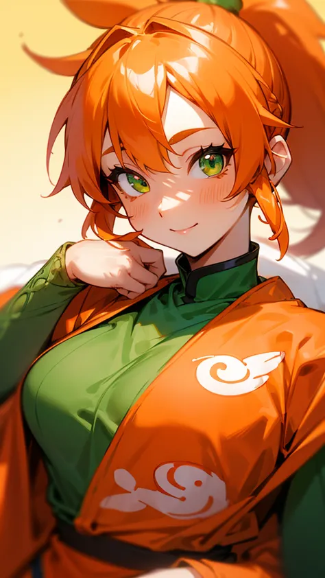 1 Girl、8K、Sharp focus、(Bokeh) (Highest quality) (Detailed skin:1.3) (Intricate details) (anime)、Orange clothes、Orange Hair、ponyt...