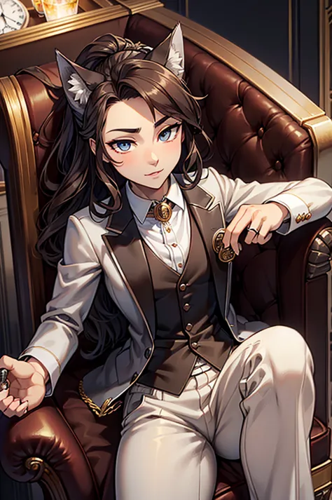 wolf with graphite fur, chocolate colored eyes, wearing an elegant white suit with pocket watch on his waistcoat, wearing a ring...