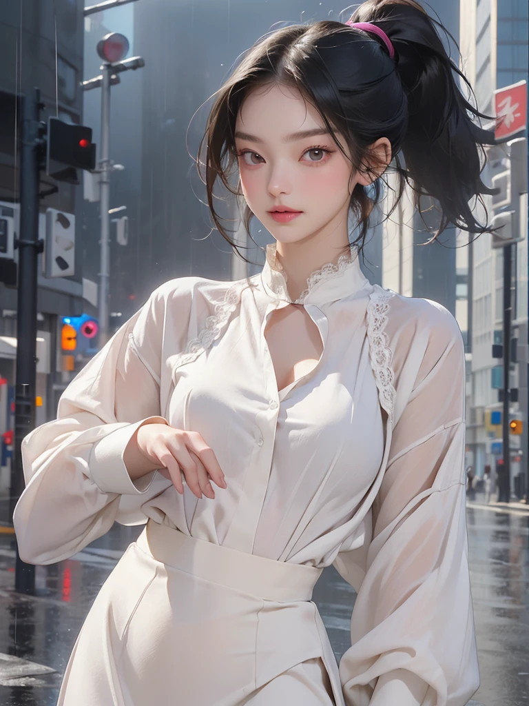 ((best quality, 8K, masterpiece: 1.3)),upper body,Black Hair, black eye,sharp focus: 1.2, beautiful woman with a perfect body: 1.4, ((ponytail, large: 1.2)), (small and beautiful hard (White long sleeve blouse with lace、Silk Tight darkmagenta long skirt), (wet from rain: 1.2), (rain, street: 1.2), wet body: 1.1, Highly detailed face and skin texture, detailed eyes, double eyelids, White skin,,E cup,smile,Financial district of the big city,Skyscraper,White skin,Wet Hair、Wet Skin、Wet clothes、smile、 