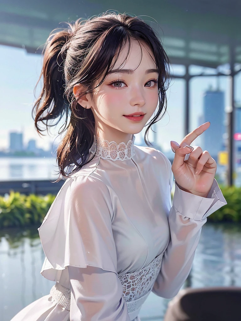 ((best quality, 8K, masterpiece: 1.3)),upper body,Black Hair, black eye,sharp focus: 1.2, beautiful woman with a perfect body: 1.4, ((ponytail, large: 1.2)), (small and beautiful hard (White long sleeve blouse with lace、Silk Tight darkmagenta long skirt), (wet from rain: 1.2), (rain, street: 1.2), wet body: 1.1, Highly detailed face and skin texture, detailed eyes, double eyelids, White skin,,E cup,smile,Financial district of the big city,Skyscraper,White skin,Wet Hair、Wet Skin、Wet clothes、smile、 