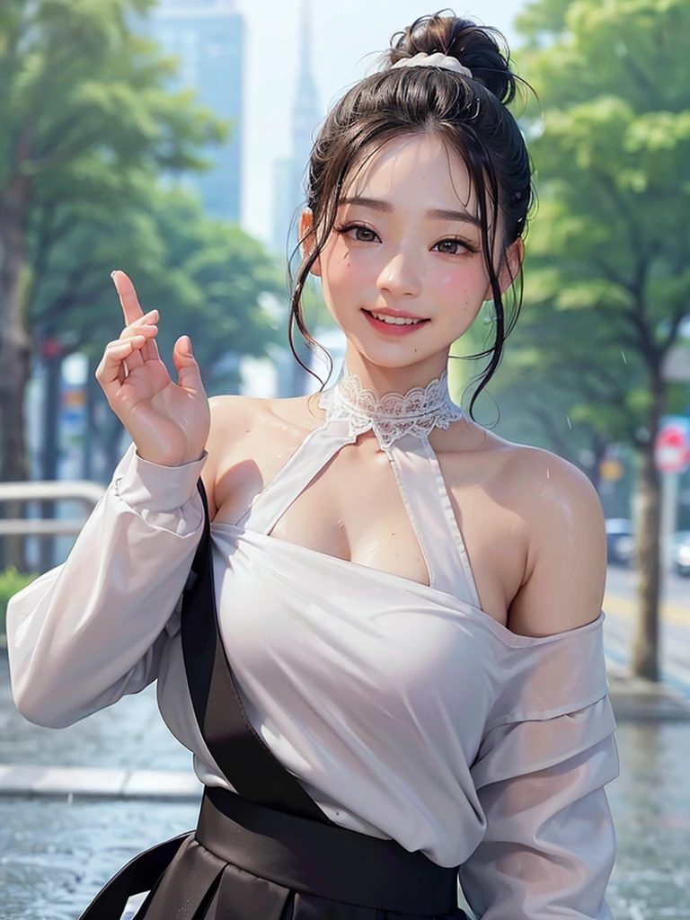 ((best quality, 8K, masterpiece: 1.3)),upper body,Black Hair, black eye,sharp focus: 1.2, beautiful woman with a perfect body: 1.4, ((ponytail, large: 1.2)), (small and beautiful hard (White long sleeve blouse with lace、Silk Tight darkmagenta long skirt), (wet from rain: 1.2), (rain, street: 1.2), wet body: 1.1, Highly detailed face and skin texture, detailed eyes, double eyelids, White skin,,E cup,smile,Financial district of the big city,Skyscraper,White skin,Wet Hair、Wet Skin、Wet clothes、smile、 