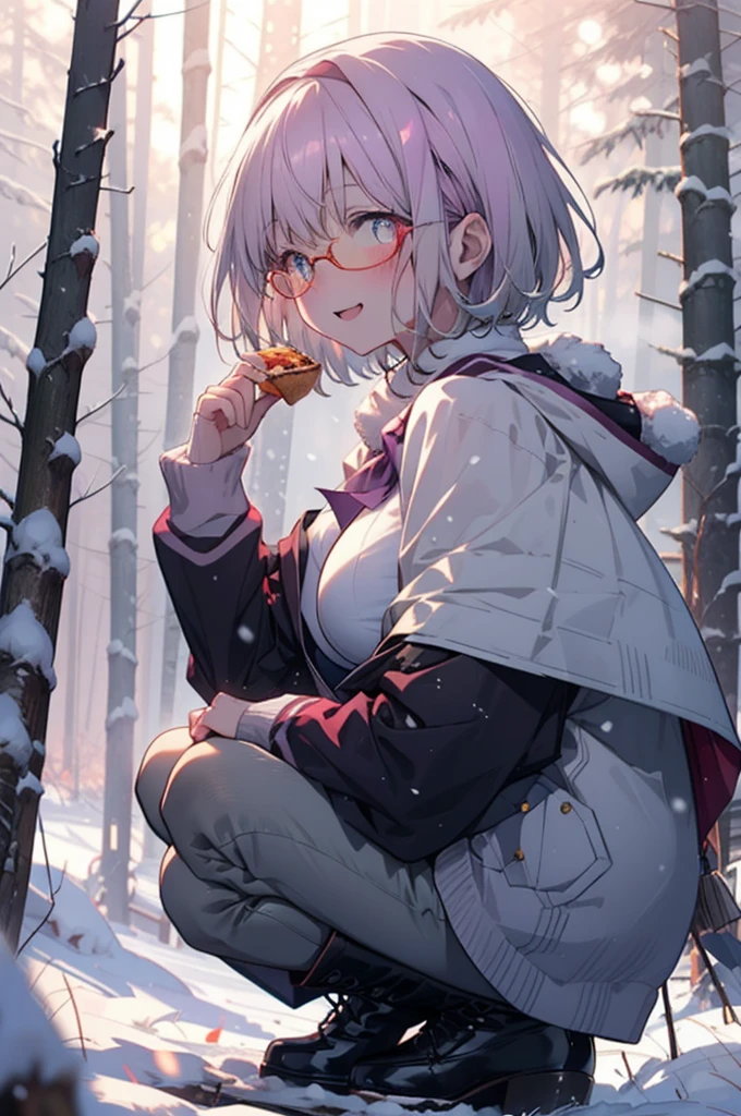 akaneshinjou, shinjou akane, Light purple hair, (Pink Eyes:1.2), short hair,Akagi Glasses,hair band,smile,blush,White Breath,Big Breasts,
Open your mouth,snow,Ground bonfire, Outdoor, boots, snowing, From the side, wood, suitcase, Cape, Blurred, having meal, forest, White handbag, nature,  Squat, Mouth closed, Cape, winter, Written boundary depth, Black shoes, red Cape break looking at viewer, Upper Body, whole body, break Outdoor, forest, nature, break (masterpiece:1.2), Highest quality, High resolution, unity 8k wallpaper, (shape:0.8), (Beautiful and beautiful eyes:1.6), Highly detailed face, Perfect lighting, Highly detailed CG, (Perfect hands, Perfect Anatomy),