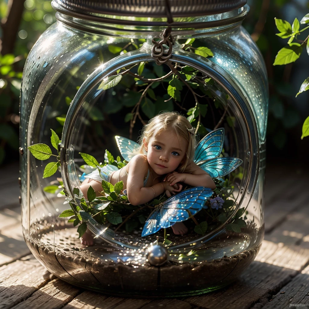 a little fairy trapped in a 玻璃罐, 金髮, 藍眼睛, 小仙女, 帶葉子的仙女裝, 玻璃罐, 精緻的仙女臉, 非常詳細, 8K, 逼真的, 演播室燈光, 概念藝術, 鮮豔的色彩, 神奇的氣氛, 空靈的, 神秘
