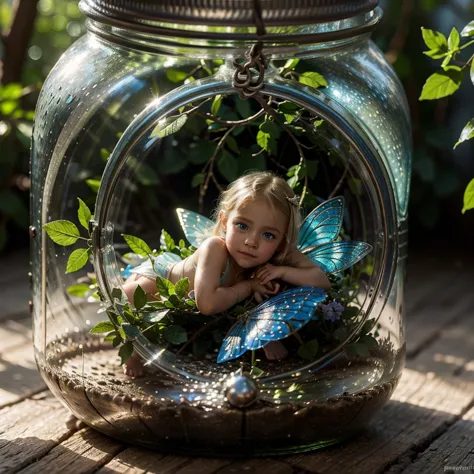a little fairy trapped in a glass jar, blonde hair, blue eyes, tiny fairy, fairy outfit with leaves, glass jar, detailed fairy f...