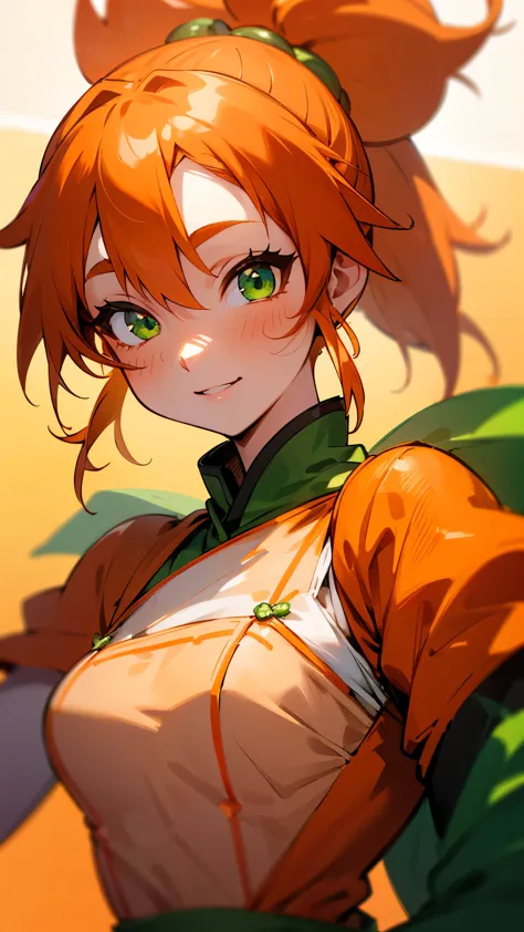 1 Girl、8K、Sharp focus、(Bokeh) (Highest quality) (Detailed skin:1.3) (Intricate details) (anime)、Orange clothes、Orange Hair、ponyt...