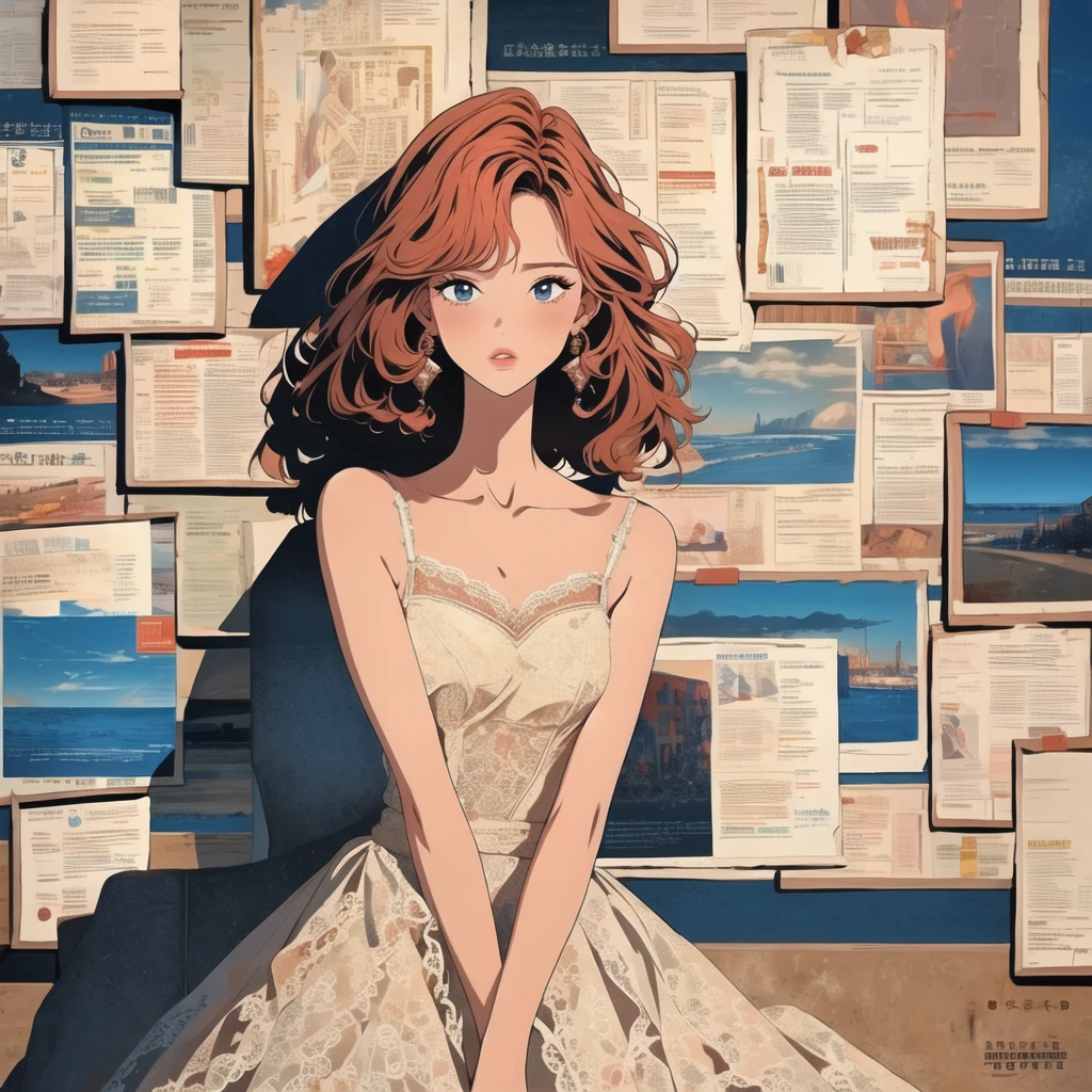 newspaper wall, 1girl,solo, upper body, parted lips,romantic lace dress with an off-the-shoulder silhouette and a flared skirt, ,copper hair