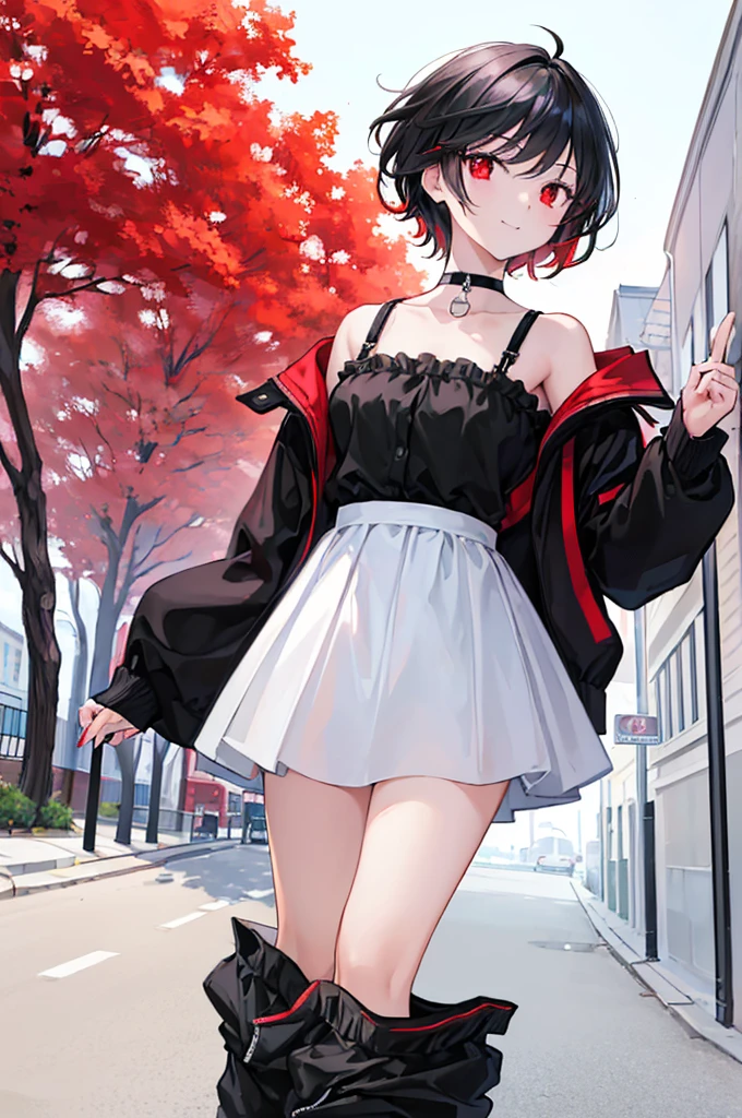 (masterpiece, highest quality, highest quality, (No text), Beautiful and aesthetic:1.2),No text,アニメ、BREAK,One Girl，Black Hair Girl　short hair　older sister　choker　Tree Eyes　Beautiful eyes　Red eyes　cool　smile　Red and Black　Black jacket　mini skirt　whole body　In town

