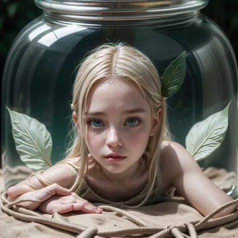 a little fairy trapped in a glass jar, a tiny woman locked in the glass jar, beautiful woman, beautiful face, green eyes, almost...