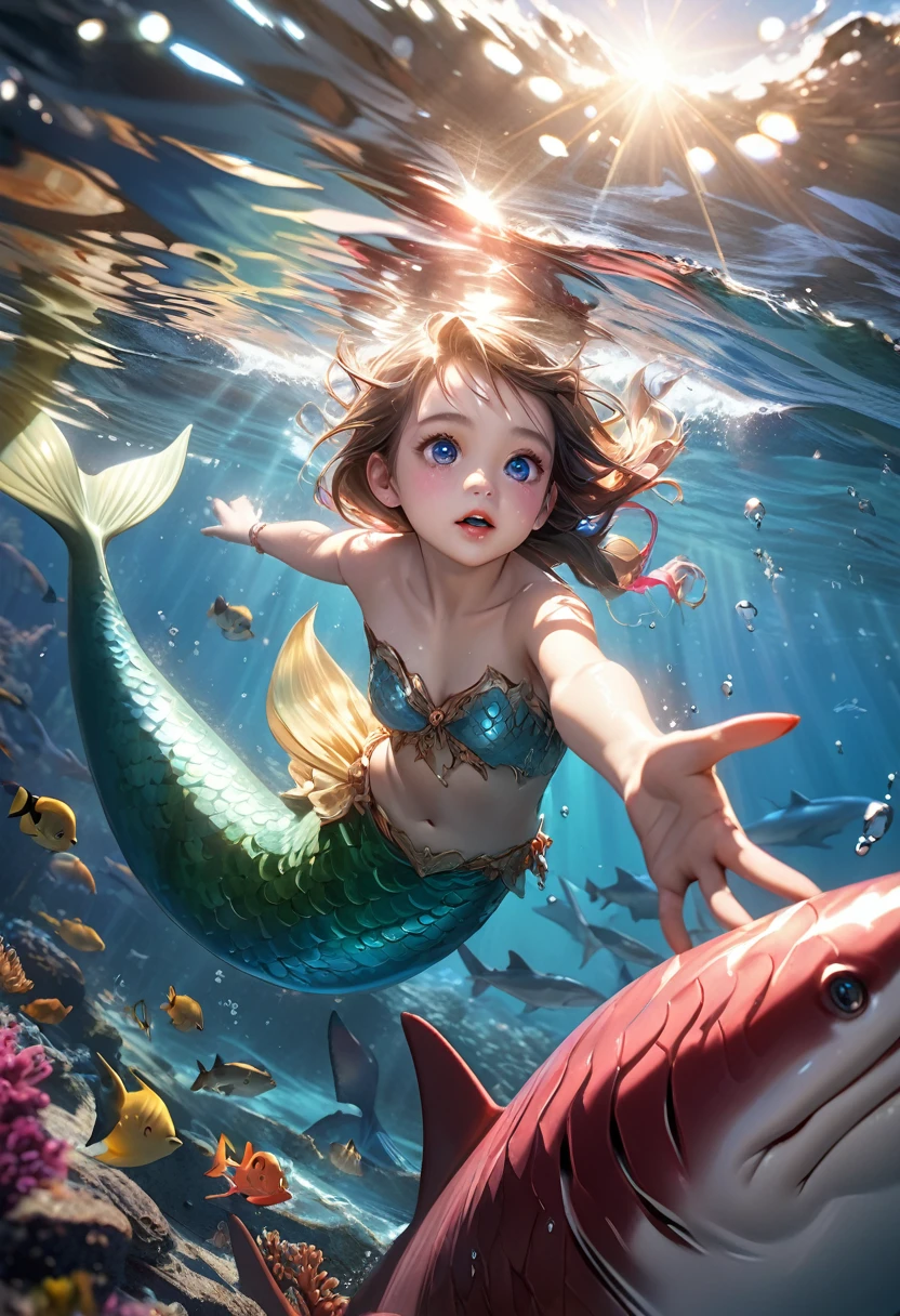 A curious young shark-mermaid (Shark Girl), cute, pretty, playful, dangerous, detailed face, detailed eyes, detailed lips, detailed mermaid body, emerging from the sea onto the shore, full of wonder and excitement, extremely detailed, digital art, realistic, cinematic lighting, vibrant colors, dynamic composition, 8k, highres, photorealistic, masterpiece, ultra-realistic, photorealistic:1.37, HDR, UHD, studio lighting, ultra-fine painting, sharp focus, physically-based rendering, extreme detail description, professional, vivid colors, bokeh