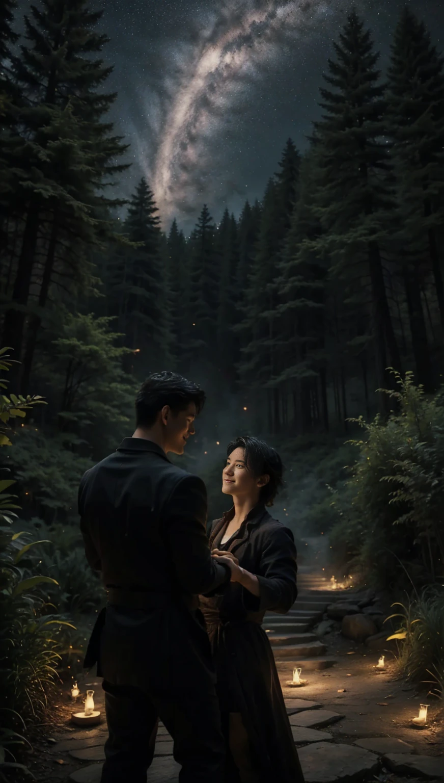 Masterpiece Level, Amazing style, The deep love between father and daughter, high altitude shooting, The house is on the left side of the picture, Background is night, Dark Blue, Starry Sky, Very resilient and creative, Father smiling in a white vest and black pants, Holding hands with little girl, This  has beautiful black hair, Grass and fireflies cover the bottom of the picture, The tall pine trees on the right form a forest.