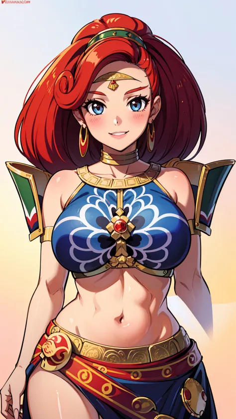 best quality, high resolution, large breasts, red hair, blush, smile, cowboy shot, looking at viewer, Urbosa, blue lip,