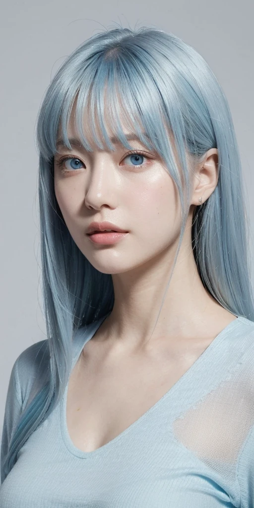 ((masterpiece)), (best quality), (detailed), (1girl), (inner data stream) light blue gradient hair, light blue glowing eyes, straight hair, wearing a modern white shirt and black dress, covered by data particles, locked around the neck