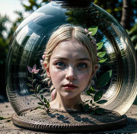a little fairy trapped in a glass jar, a tiny woman locked in the glass jar, beautiful woman, beautiful face, green eyes, almost...