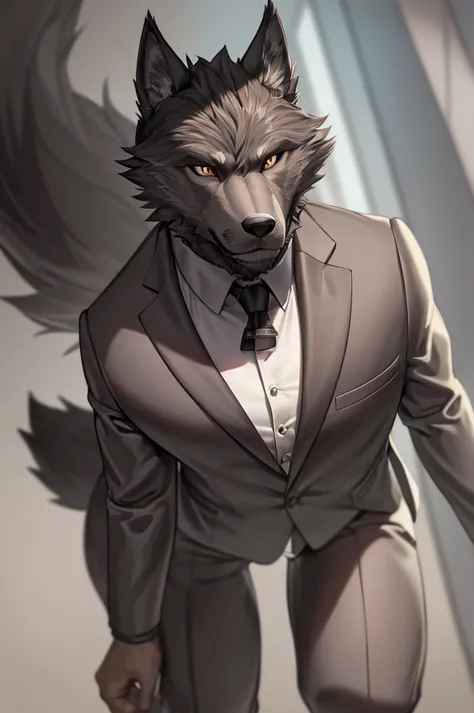 a macho furry wolf man with graphite gray fur, chocolate brown eyes, wearing a suit, low angle camera view, hyper detailed, cine...