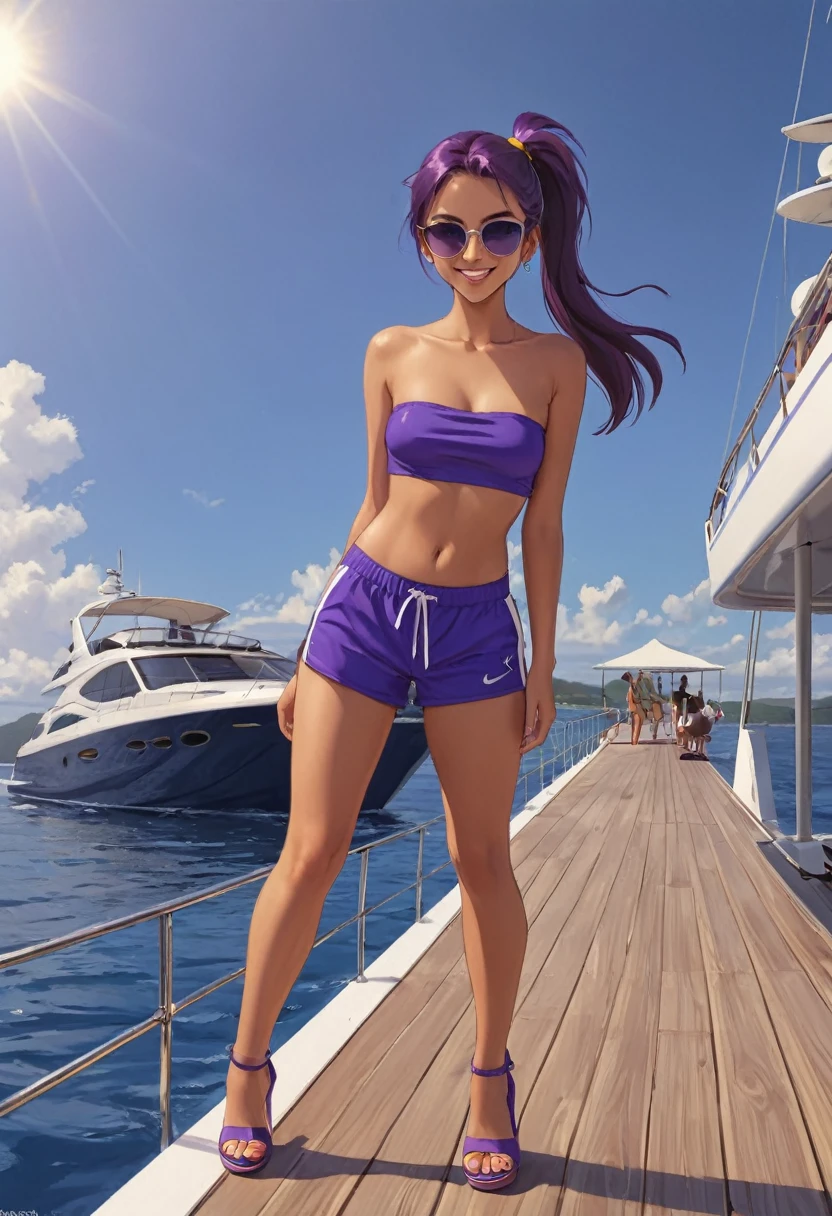 childlike, skinny, sassy, ​​tanned, young girl, twin tails hairstyle, wide forehead, amber eyes, flat chest, small pert ass, sunglasses, purple strapless top, blue sport shorts, high heel sandals, naughty smile, sexy pose, straight on a yacht, on a pier, ecchi cartoon, Ponpu style, masterpiece, dramatic, cinematic, dynamic view, full body,