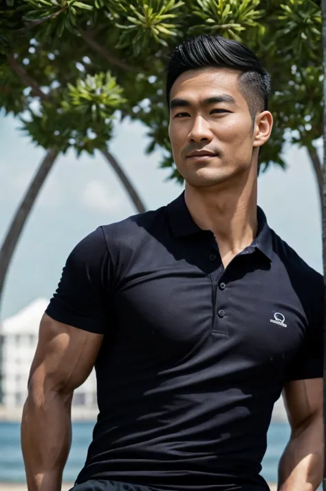 young asian man in a black polo shirt sitting on the grass with a serious expression, looking into the distance turn your head s...