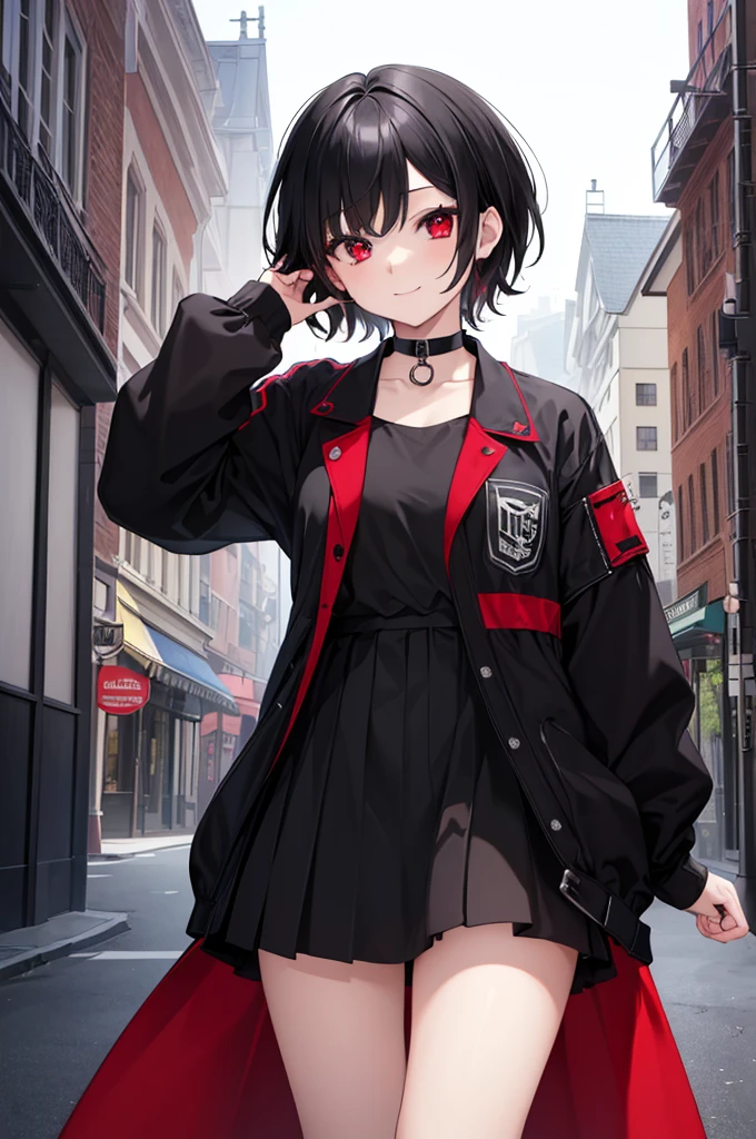 (masterpiece, highest quality, highest quality, (No text), Beautiful and aesthetic:1.2),No text,アニメ、BREAK,One Girl，Black Hair Girl　short hair　older sister　choker　Tree Eyes　Beautiful eyes　Red eyes　cool　smile　Red and Black　Black jacket　mini skirt　whole body　In town
