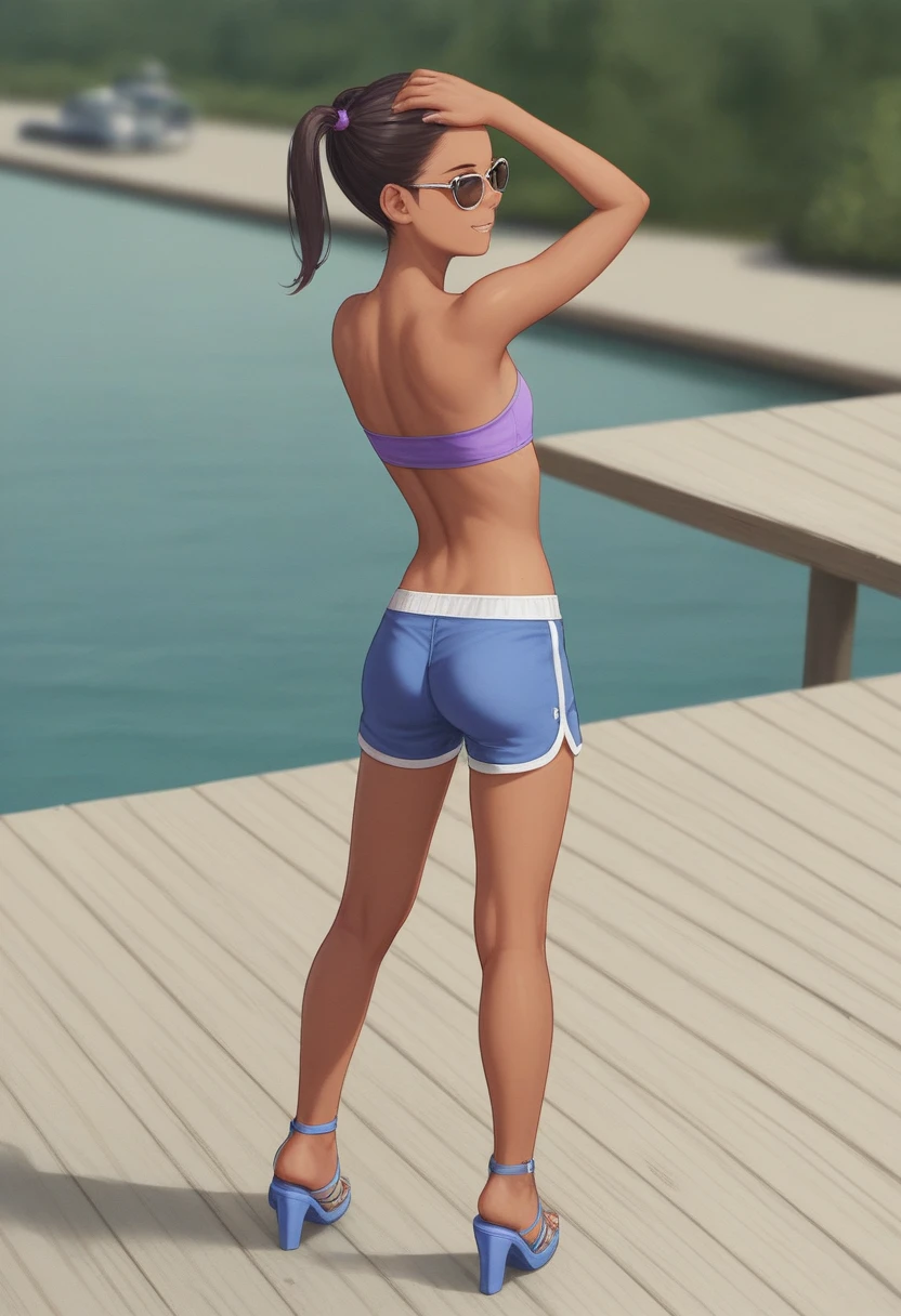 childlike, skinny, sassy, ​​tanned, young girl, twin tails hairstyle, wide forehead, amber eyes, flat chest, small pert ass, sunglasses, purple strapless top, blue sport shorts, high heel sandals, naughty smile, sexy pose, straight on a yacht, on a pier, ecchi cartoon, Ponpu style, masterpiece, dramatic, cinematic, dynamic back view, full body,