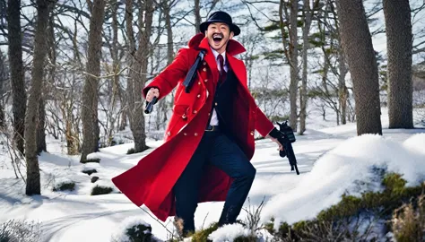 Dressed in a red coat　male　He has a gun。laughing。wilderness