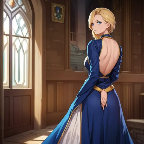 a woman in a sophisticated blue dress in a large medieval castle, hair blond, blue eyes.
